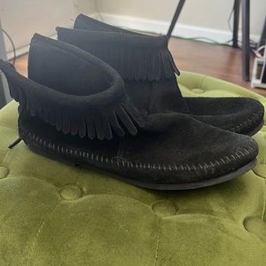 Minnetonka Black Suede Fringe Moccasin Boots